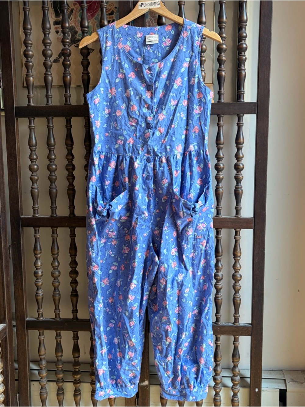 LAURA ASHLEY Vintage 80s Blue Floral Cotton Jumpsuit Romper Suit Size Medium
